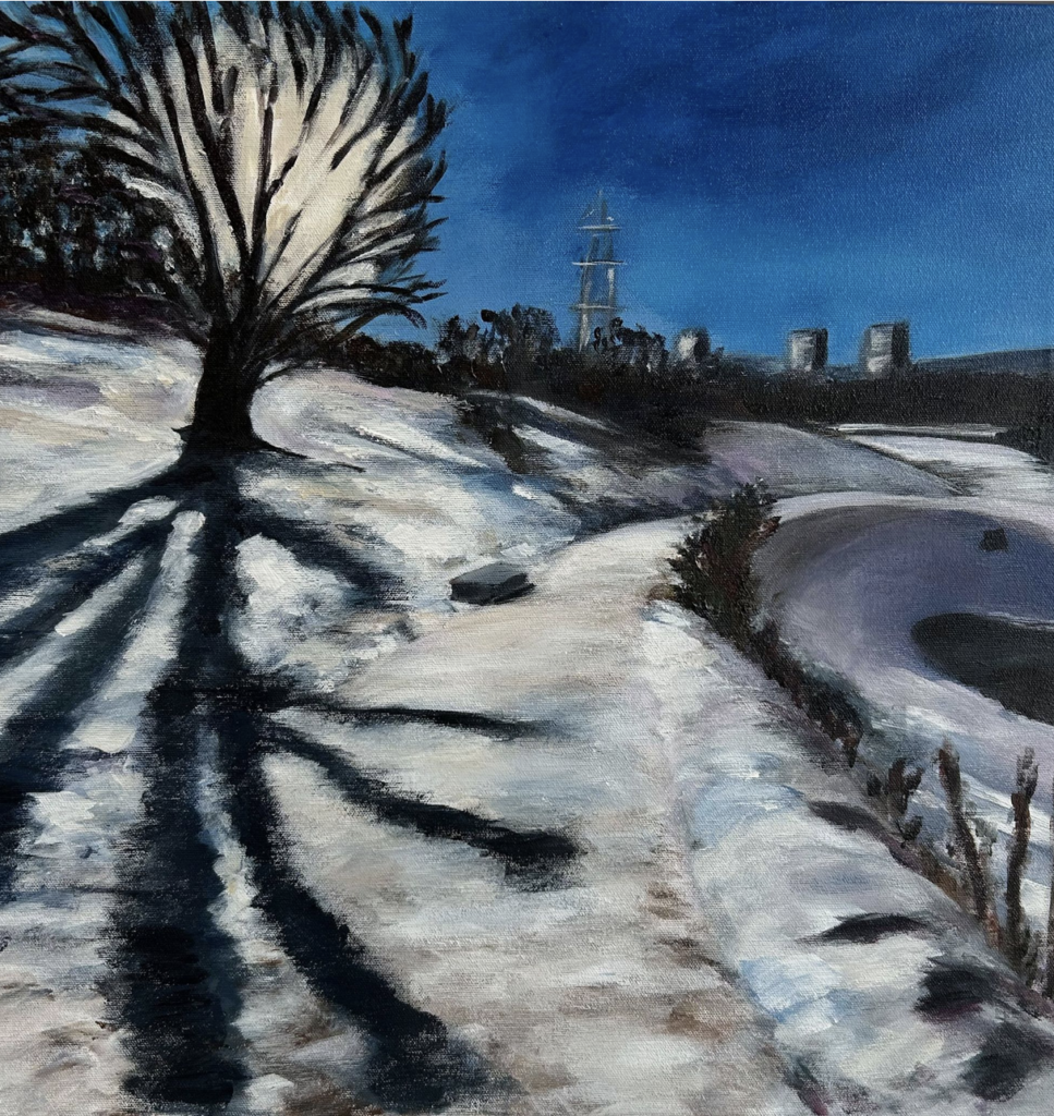 urban landscape of tree and path in the snow with towerblocks in the distance