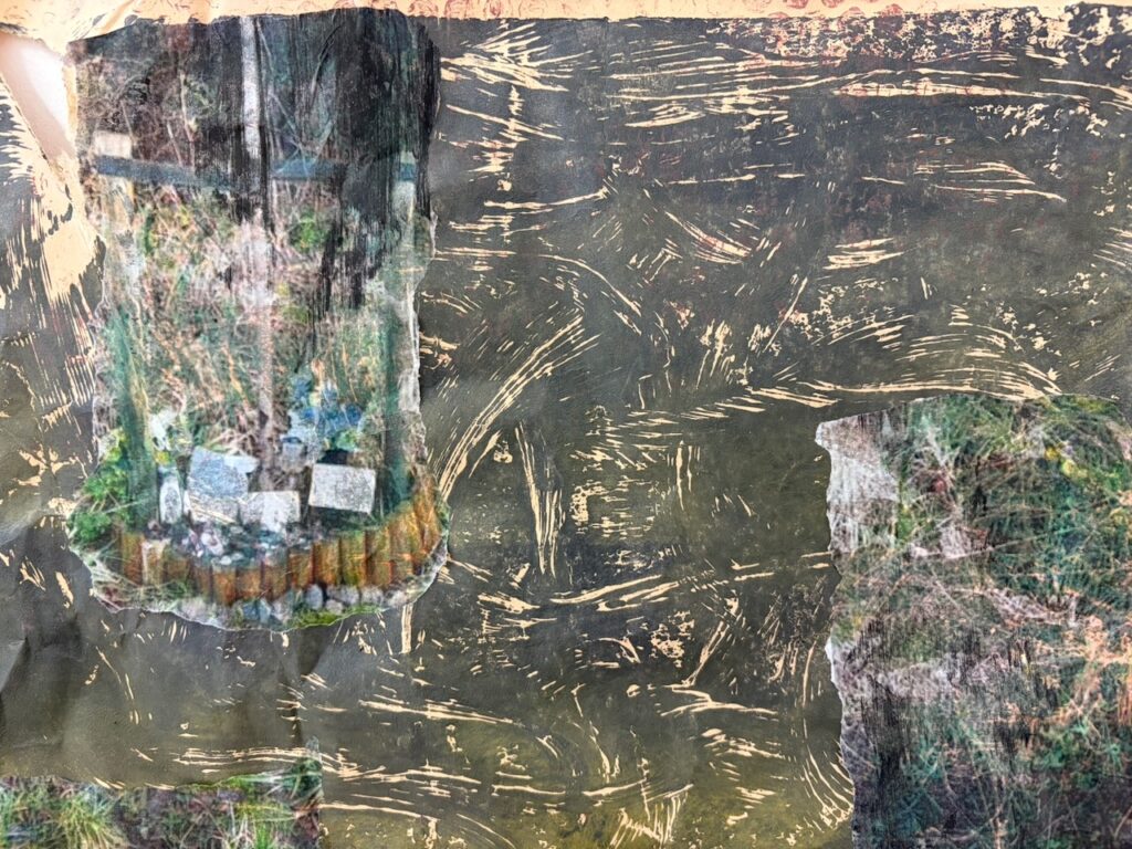 photo of collage with brown and green marks and photo of small memorial 